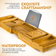 Load image into Gallery viewer, Enjoy a spa-like experience at home with this bamboo bathtub caddy featuring extendable sides, mobile device tray & wine holder.