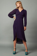 Load image into Gallery viewer, Subtly sheer V-neck midi dress with pleats and ruffle trim. Elasticized waist, high-low hem with front slit, and back tie detail.