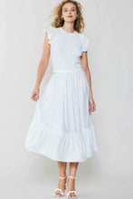 Load image into Gallery viewer, Chic white midi dress with ruffled hem, short sleeves, and a clingy sweater bodice for a stylish and textured ensemble.
