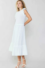 Load image into Gallery viewer, With its short sleeves and ruffled skirt, this white midi dress has a sweater bodice and a cool contrast of textures
