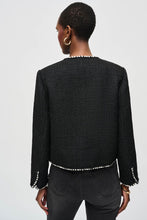 Load image into Gallery viewer, Stylish bouclé jacket adorned with contrast trim and faux pockets, perfect for adding sophistication to any outfit, day or night.
