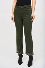 Load image into Gallery viewer, Cropped denim pants with a frayed hem, iron-on details, and a classic straight leg silhouette for an elevated casual look.