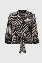 Load image into Gallery viewer, Stylish gauze top showcasing a tropical design, front knot, V-neck, and three-quarter sleeves for a sophisticated touch.