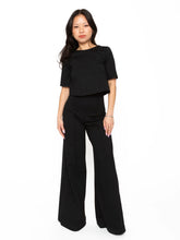 Load image into Gallery viewer, Black cropped top and wide leg pants, high-waist Ponte knit pant with exaggerated wide leg and slimming high waistline.