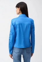 Load image into Gallery viewer, Channel your rockstar spirit in a chic faux-suede moto jacket featuring a notched collar and elegant embroidery for a refined touch.