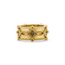 Load image into Gallery viewer, Gold band with black diamonds, Victoria Ring Band in Hammered Gold/Blue Labradorite, Size 8.
