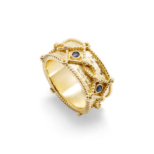 Load image into Gallery viewer, Elegant gold band featuring black diamonds, Victoria Ring Band in Hammered Gold/Blue Labradorite, Size 8.