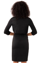 Load image into Gallery viewer, A stylish black shirt dress made from knotted fabric, featuring glamorous gold buttons. A classy yet quirky piece that's perfect for any party!
