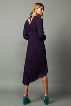 Load image into Gallery viewer, Flowing and delicate midi dress with pleats and ruffle trim. Sheer fabric, V-neckline, and elastic waist for a perfect fit. Charming tie detail at the back.
