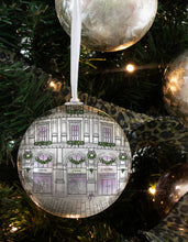 Load image into Gallery viewer, Christmas Bauble inspired by Dior J'adore: White Decoupage Baubles, beautifully shiny with intricate illustrations, hung on white organza ribbon.
