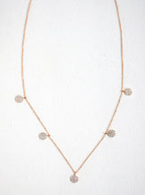 Load image into Gallery viewer, Stunning 925 Silver necklace with 5 mini CZ discs, adjustable length, in black rhodium and rose gold for versatile style.
