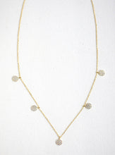 Load image into Gallery viewer, Elegant 925 Silver necklace with five mini CZ discs, adjustable from 16" to 18", in black rhodium and rose gold tones.


