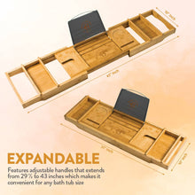 Load image into Gallery viewer, Bamboo bathtub caddy: extendable sides, mobile device tray &amp; wine holder. Waterproof, durable, and eco-friendly. Enhance your spa-like experience at home.
