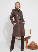 Load image into Gallery viewer, Chic knee-length Cielo Vegan Leather Trench Coat, unlined and rainproof, with a trench collar and storm flap for sophisticated layering.
