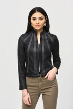Load image into Gallery viewer, Chic faux suede jacket with metallic mesh details and an exposed zipper, ideal for pairing with jeans or faux leather pants.
