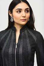 Load image into Gallery viewer, Add sophistication with a faux suede jacket, showcasing metallic mesh and an exposed zipper, perfect for versatile styling.

