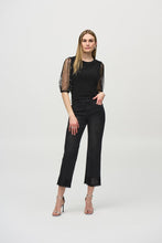 Load image into Gallery viewer, Elegant fitted top featuring silky fabric and puffed mesh sleeves embellished with pearls, ideal for special occasions.
