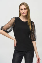 Load image into Gallery viewer, Silky fitted top with puffed mesh sleeves adorned with pearls, perfect for a romantic date night or glamorous event.
