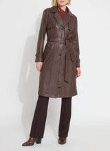 Load image into Gallery viewer, Classic knee-length Cielo Vegan Leather Trench Coat with a trench collar, storm flap, and detachable belt for versatile styling.
