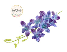 Load image into Gallery viewer, Purple orchid with green leaves on white background. Realistic lifelike faux orchid, ideal for arrangements and cut flowers. 7 real touch blooms per stem.
