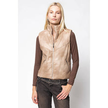 Load image into Gallery viewer, Woman wearing a beige vest over a brown long-sleeve shirt on a white background
