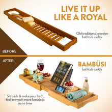 Load image into Gallery viewer, Enhance your bath experience with this bamboo bathtub caddy. It has extendable sides, a mobile device tray, and an integrated wine holder. Made from eco-friendly wood, it's waterproof and durable. Perfect for a spa-like experience at home.
