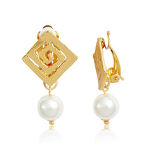 Load image into Gallery viewer, Elegant Square Spiral Pearl Drop Clip-On Earrings: GOLD
