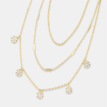 Load image into Gallery viewer, Elegant triple chain necklace featuring 5 stations of tiny simulated white diamonds.

