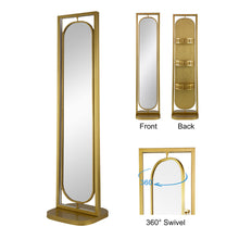 Load image into Gallery viewer, A stylish gold-finished rectangular frame full length mirror with 360-degree swivel capability. It also features three storage shelves for jewelry, cosmetics, and small items.
