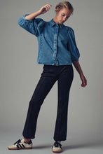 Load image into Gallery viewer, Black faux suede flare mid rise pants.
