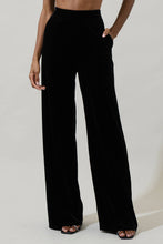 Load image into Gallery viewer, Black high waisted velvet wide leg pants.

