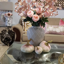 Load image into Gallery viewer, A beautiful vase filled with Real Touch pink roses and pumpkins, creating a charming centerpiece on a coffee table, perfect for adding a delicate touch to any occasion.
