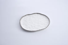 Load image into Gallery viewer, Gleaming white porcelain Salerno serving platter with silver beads. Perfect for sweet treats, hors d’oeuvres, sandwiches, or pastries. Food, dishwasher, and oven safe up to 500°.
