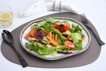 Load image into Gallery viewer, Round serving platter in Salerno with silver bead accents. Versatile for sweet treats, hors d’oeuvres, sandwiches, or pastries. Food, dishwasher, and oven safe up to 500°.
