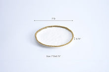 Load image into Gallery viewer, Elegant round plate in Golden Salerno for appetizers and desserts. Made of white porcelain with gold beads. Food, dishwasher, and oven safe.
