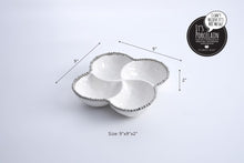 Load image into Gallery viewer, Salerno 4 Section Bowl: High-fired white porcelain with silver beads. Perfect for appetizers, tapas, toppings. Food safe, dishwasher safe, oven safe to 500°. Easy to care for.
