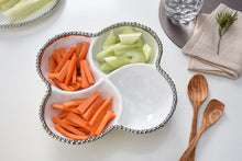 Load image into Gallery viewer, High-fired white porcelain 4 Section Bowl in Salerno with lustrous silver beads. Versatile for appetizers, tapas, toppings, and more. Food safe, dishwasher safe, oven safe to 500°.
