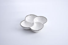 Load image into Gallery viewer, Versatile 4 Section Bowl in Salerno: High-fired white porcelain with silver beads. Ideal for appetizers, tapas, toppings. Food safe, dishwasher safe, oven safe to 500°. Easy to clean.
