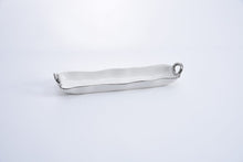 Load image into Gallery viewer, White porcelain cracker tray with silver titanium handles. Perfect for small treats. Food, dishwasher, and oven safe up to 500°. Easy care.
