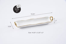 Load image into Gallery viewer, Elegant cracker tray made of white porcelain with silver titanium handles. Ideal for crackers and small treats. Safe for food, dishwasher, and oven.
