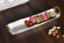 Load image into Gallery viewer, White porcelain cracker tray with silver titanium handles. Perfect for small treats. Food, dishwasher, and oven safe up to 500°. Easy care.
