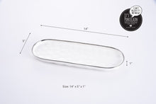 Load image into Gallery viewer, Oval tray from Bianca Collection: great for baguette, mushrooms, fruit, asparagus, carrots, green beans. White porcelain with silver rim. Food, dishwasher, oven safe.
