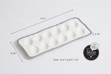 Load image into Gallery viewer, Salerno deviled egg tray, ideal for brunch or Easter. Display deviled eggs or sushi. White porcelain with silver beads, easy care.
