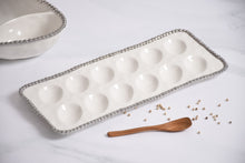 Load image into Gallery viewer, Deviled egg tray in Salerno, perfect for brunch or Easter. Display deviled eggs or sushi. Gleaming white porcelain with silver beads.
