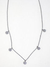 Load image into Gallery viewer,  Adjustable 925 Silver necklace with 5 mini CZ discs, featuring black rhodium and rose gold, perfect for any occasion.

