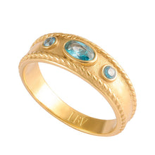 Load image into Gallery viewer, 14K gold-plated Waterproof ring with Zircon Aquamarine Stones in size 7.
