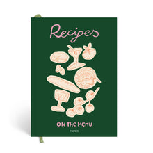 Load image into Gallery viewer, Green recipe journal with illustrations of food items and the title 'Recipes on the Menu' displayed on the cover.

