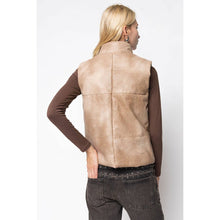 Load image into Gallery viewer, Person wearing a beige leather vest over a brown long-sleeve shirt on a white background
