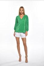 Load image into Gallery viewer,  Add a pop of color to your outfit with the Gale Top Green Plisse by Julian Chang. This metallic green blouse features a playful design, allowing you to make a statement in style.
