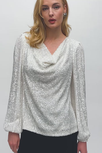 A chic sequined top with a draped cowl neckline, ideal for creating a sophisticated style with any bottom wear.